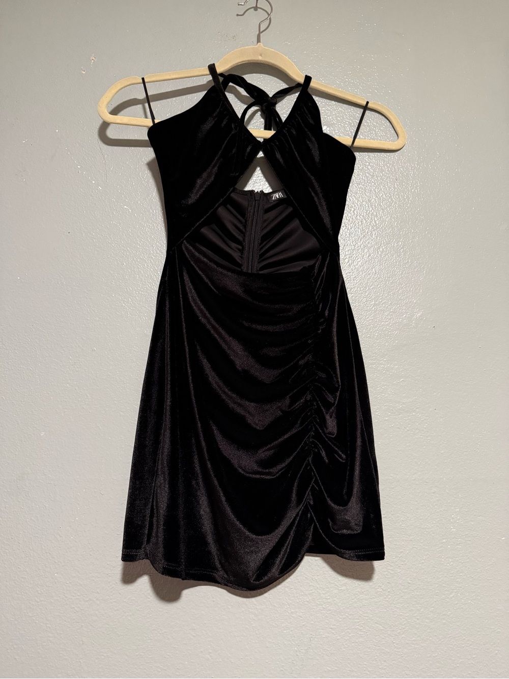 ZARA Black velvet Halter Ruched Mini Dress size XS